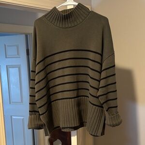 Olive Striped Turtleneck Sweater GAP 90s inspired funnel neck style 100% cotton